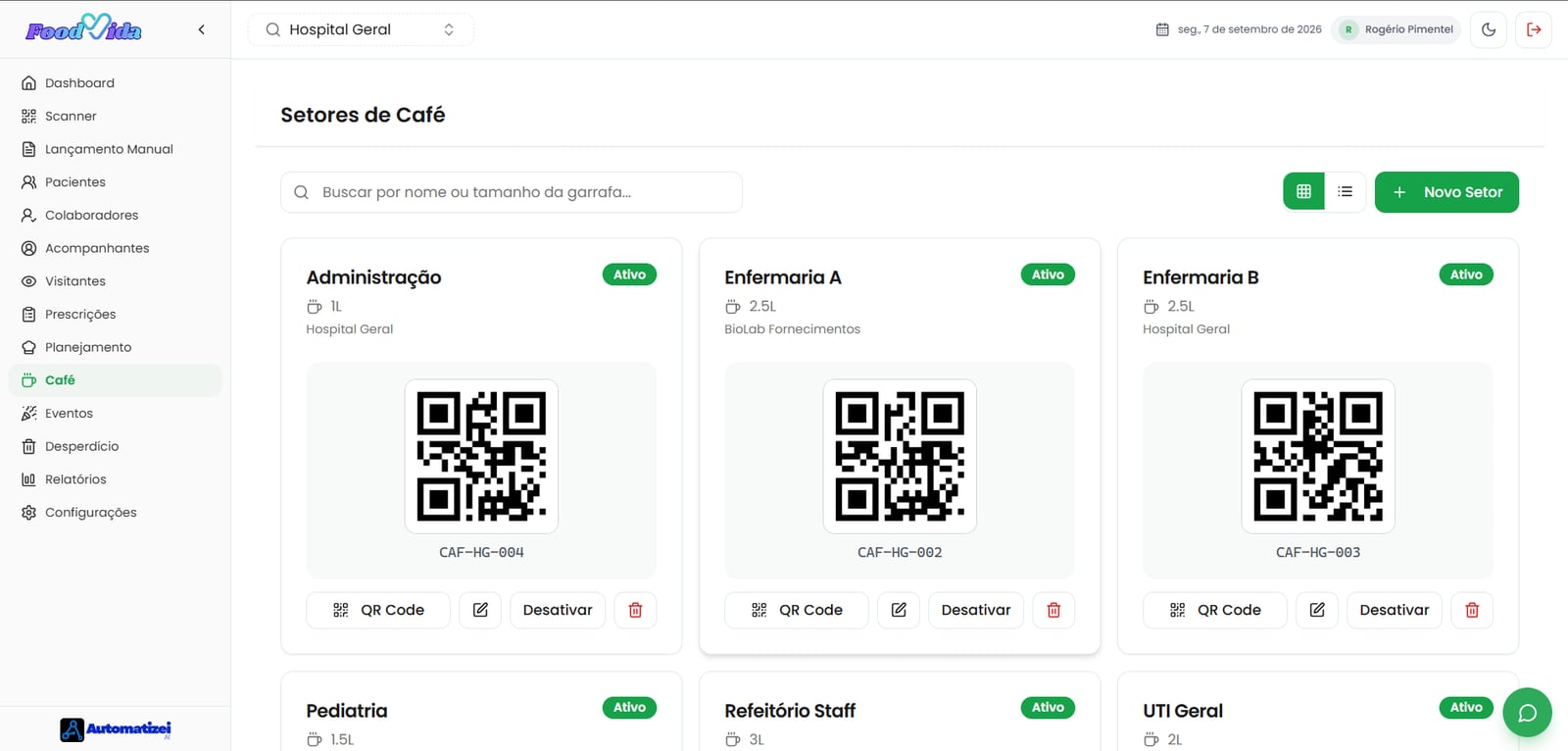 Setores de café do FoodVida, cada um com o próprio QR Code, tamanho de garrafa e unidade responsável