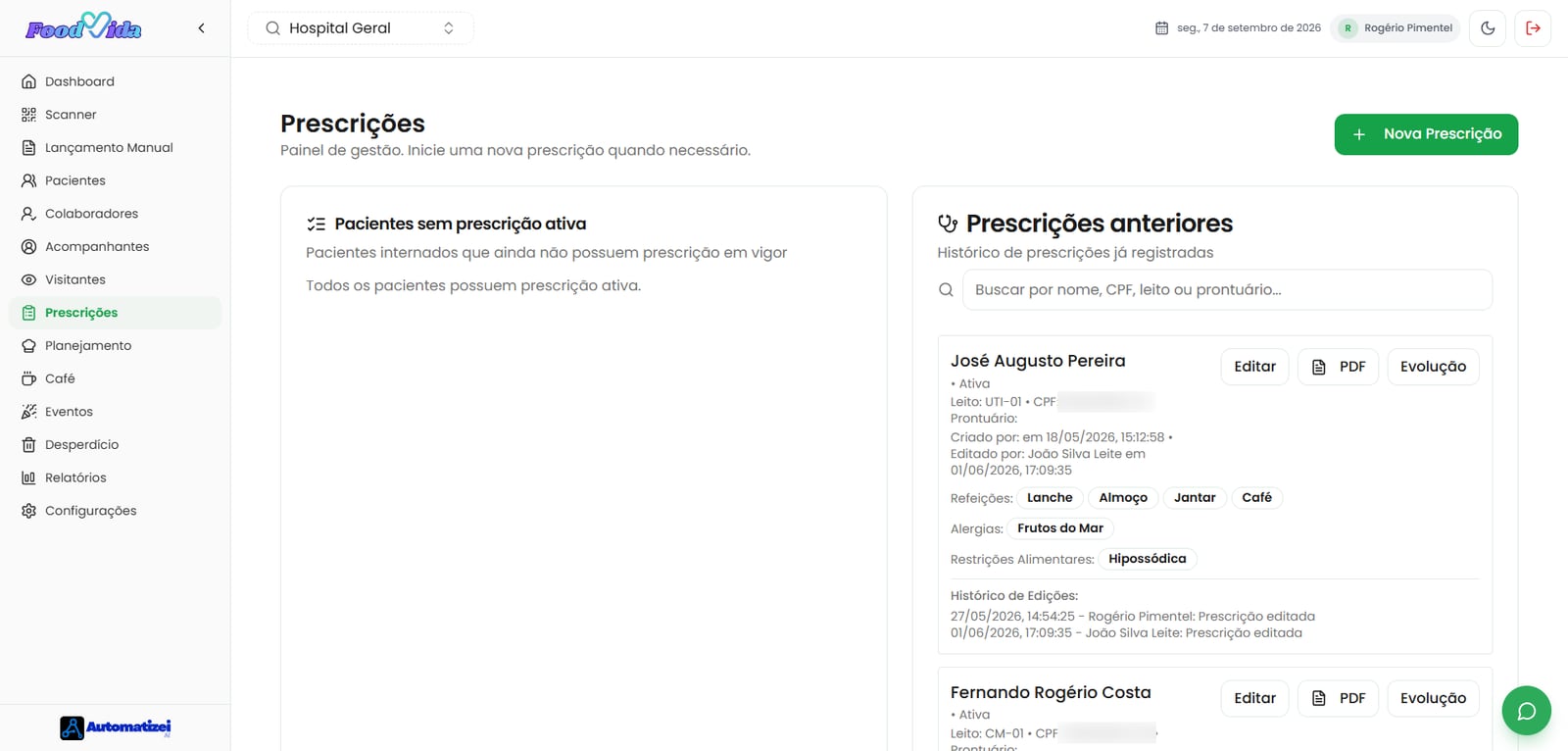 Tela de prescrições do FoodVida, com pacientes sem prescrição ativa e o histórico de prescrições registradas, mostrando refeições liberadas, alergias e restrições alimentares