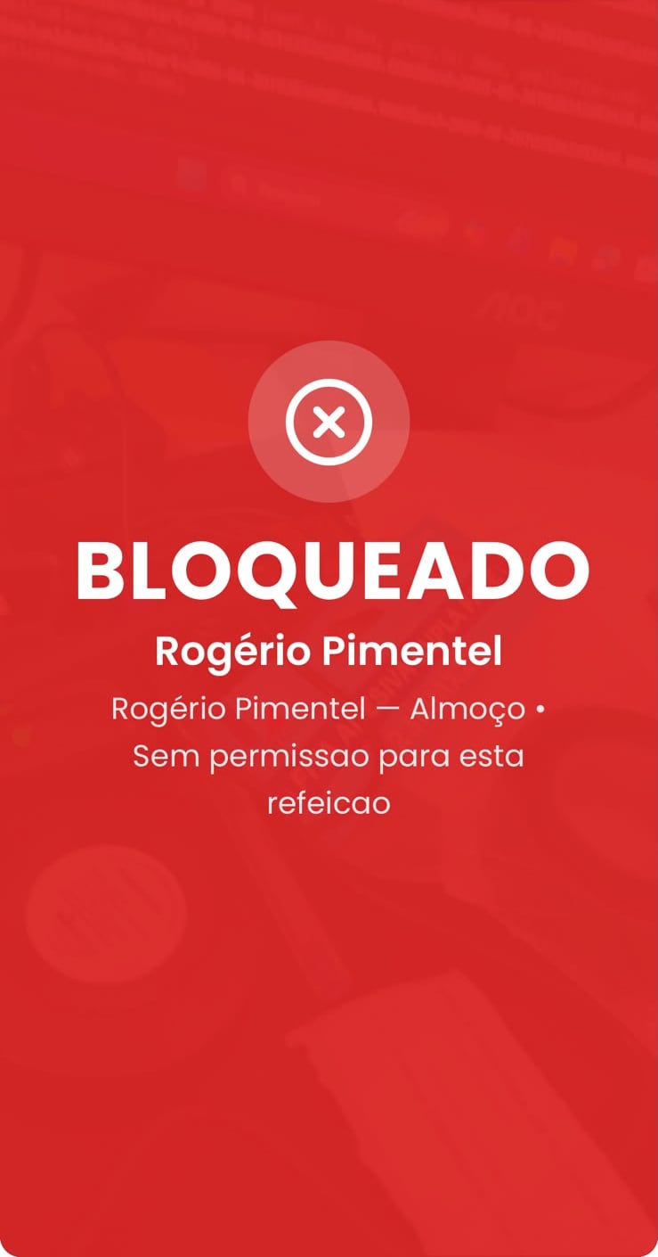 Tela vermelha do scanner do FoodVida indicando bloqueio por falta de permissão para aquela refeição