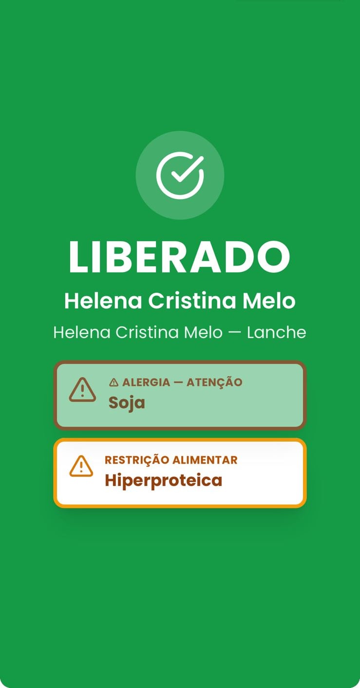 Tela verde de refeição liberada no scanner do FoodVida, com o nome da pessoa, a refeição e avisos de alergia e restrição alimentar
