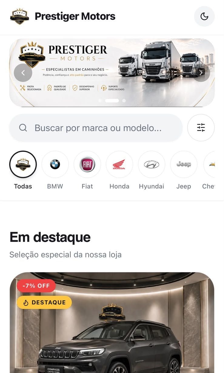 Catálogo do Prestiger Motors no celular, com banner da loja, busca, filtro por marca e o Jeep Compass em destaque