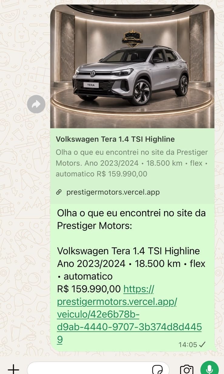 Link de um Volkswagen Tera compartilhado no WhatsApp, com foto, ficha e preço montados automaticamente na prévia