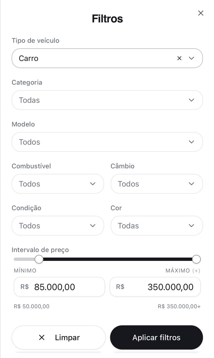 Painel de filtros do Prestiger Motors, com tipo de veículo, categoria, modelo, combustível, câmbio, condição, cor e faixa de preço